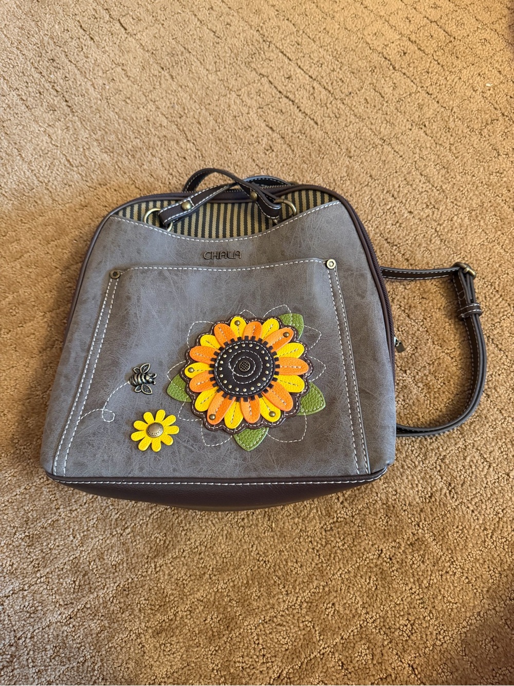 Chala Sunflower Bee Brown Vegan Leather Convertible Backpack Sling Purse